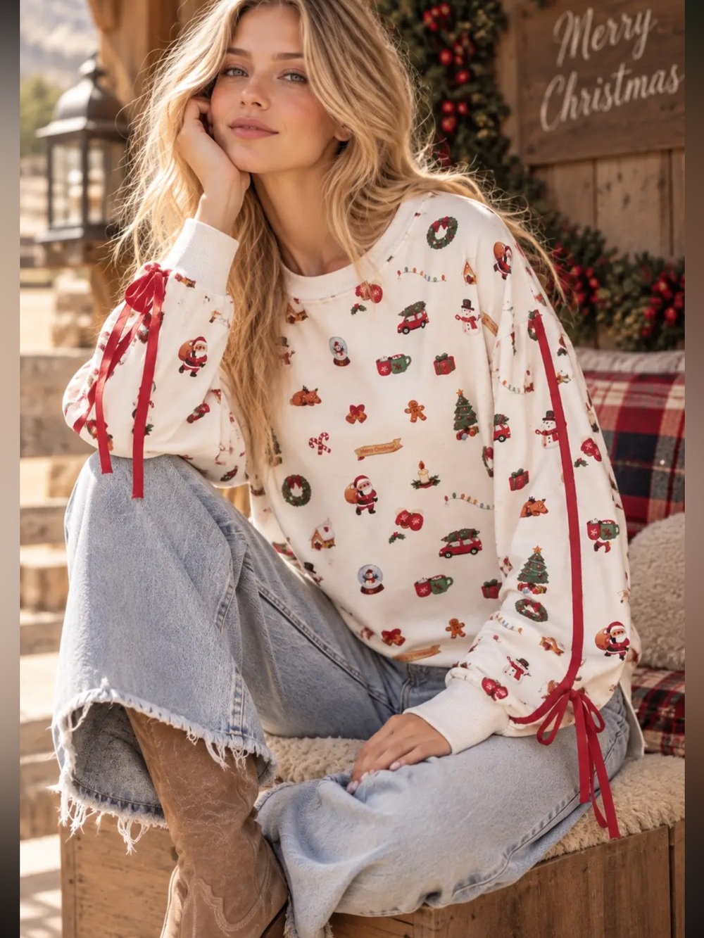 Ivory Holiday Print Long-Sleeve Sweatshirt with Red Tie Detail mainStrip NWT